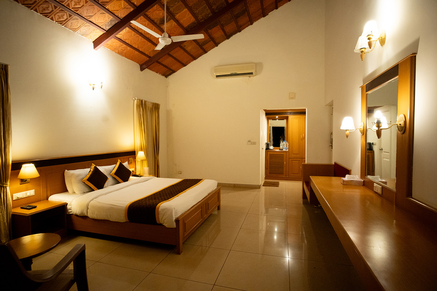 Accommodation block with gardens, warm light